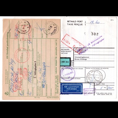 NL 1972, Luftpost Paketkarte v. Hoek van Holland m. Schweden Porto 