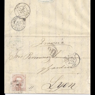 Spanien 1873, 40 C. auf Brief v. Cadiz n. Frankreich. #1409