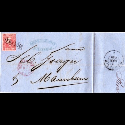 NL 1869, 10 C. m. R1 FRANCO auf Brief v. Rotterdam n. Mannheim Königreich Baden.