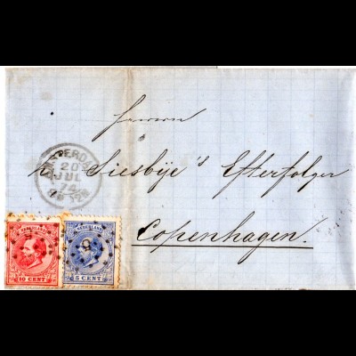 NL 1874, 5+10 C. auf Brief v. Amsterdam n. Dänemark.