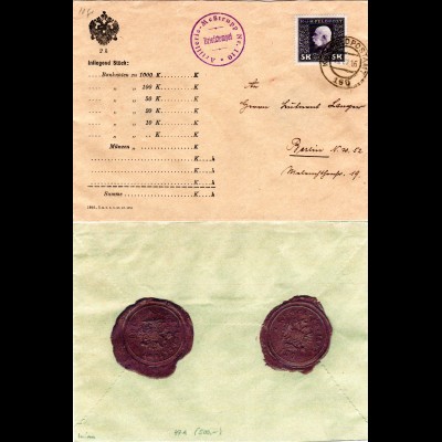 Österreich 1916, 5 K. auf FP Brief n. Berlin m. Stpl. u. rs. Siegel FP-Amt 160