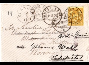 Frankreich 1881, 25 C. auf Brief v. Paris m. diversen Norwegen Stempeln.