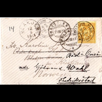 Frankreich 1881, 25 C. auf Brief v. Paris m. diversen Norwegen Stempeln.