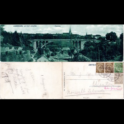 Luxemburg 1909, Panorama Klappkarte m. 3 Marken nach Neuseeland