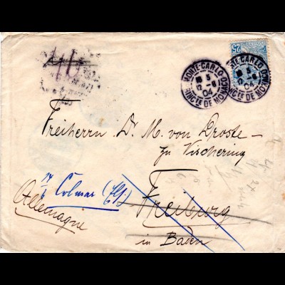 Monaco 1904, 25 C. auf Nachsende Brief v. Monte Carlo n. Deutschland