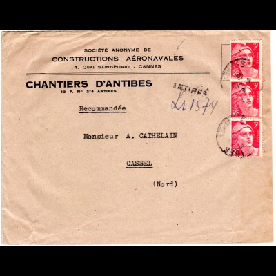Frankreich 1946, 3x3 F. auf Umschlag Constructions Aéronavales v. Antibes