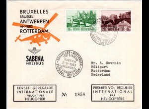 Belgien 1953, Helicopter Erstflug Brief Brüssel-Antwerpen-Rotterdam