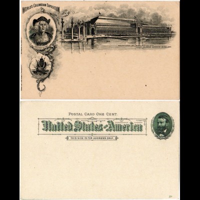 USA 1893, Abb. Columbus auf Bild Ganzsache zur World´s Columbian Exposition