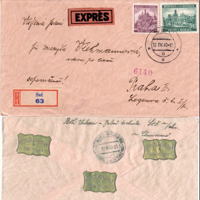 Böhmen u. Mähren 1940, 5 Kr.+60 H. auf Einschreiben Express Brief v. SEC