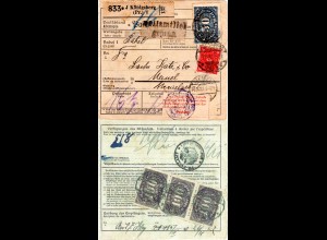 DR 1922, 5 Marken vorder- u. rücks. auf Paketkarte v. Königsberg m. Zollstempel