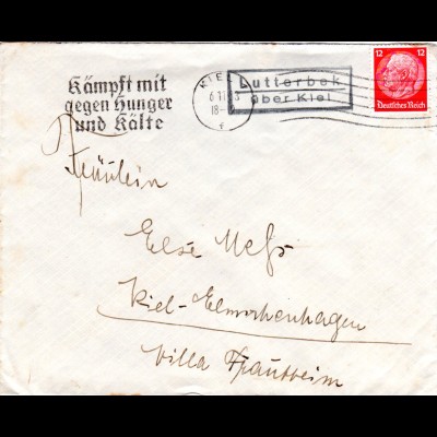 DR 1933, Landpost Stpl. LUTTERBEK über Kiel auf Brief m. 12 Pf.
