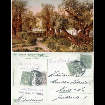 Palestina 1913, 3x1+2 C. franz. Post auf Garten Gethsemane Farb-AK v. Jerusalem