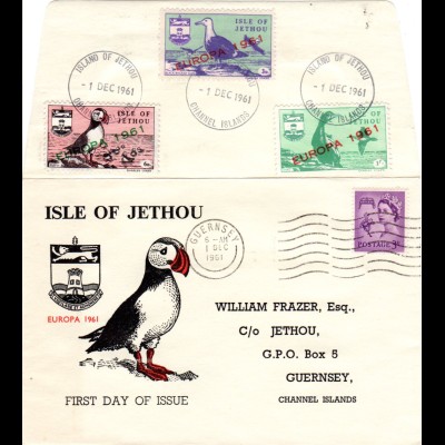 GB 1961, 3 Jethou Europa Vogel Marken in MiF m. GB 3d auf Brief v. Guernsey