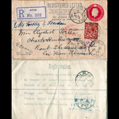 GB 1922, uprated 4 1/2d regd stationery letter from Acton, redirected in Germany
