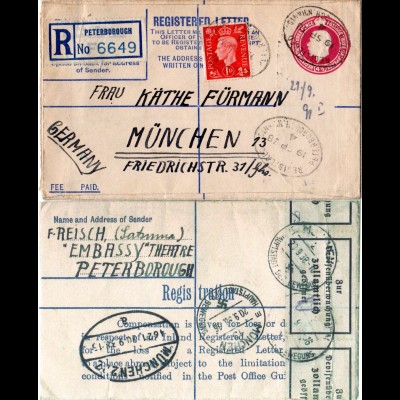 GB 1938, 4 1/2d Einschreiben GaU m. Zusatzfrankatur und München Devisen Zensur