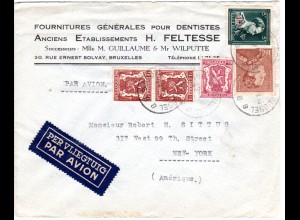 Belgien 1948, 5 Marken auf Firmen Luftpost Brief v. Brüssel n. USA