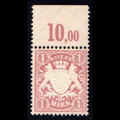 Bayern Nr. 71**, postfrische 1 Mk. Wappen m. oberem Bogenrand