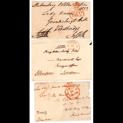 GB 1833/34, 3 versch. Kronen FREE Stempel je auf Briefvorderseite