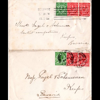 Irland 1911/12, 2 Briefe m. GB Marken u. versch. BELFAST Stempeln n. Bayern