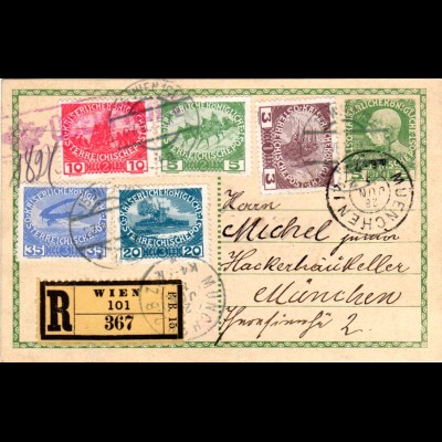 Österreich 1915, Witwen-/Waisenhilfe kpl. auf Reko Ganzsache v. Wien n. Bayern