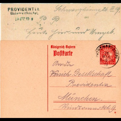 Bayern 1919, 10 Pf. Ganzsache v. Schwarzhöring m. K1 RATHMANNSDORF