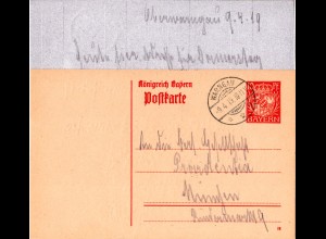 Bayern 1919, 10 Pf. Ganzsache v. Oberwarngau m. Steg Stpl. WARNGAU