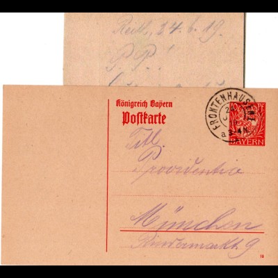 Bayern 1919, 10 Pf. Ganzsache v. Reith m. K2 FRONTENHAUSEN