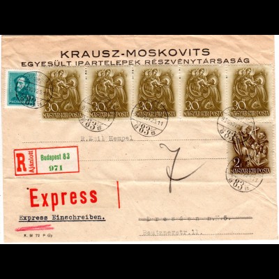 Ungarn 1938, 7 Marken auf Reko-Express Brief v. Budapest n. Deutschland