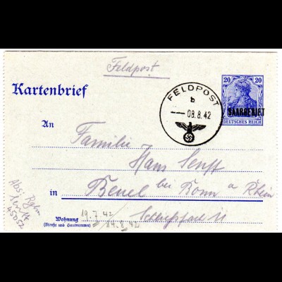 FP WK II 1942, 40 Pf. Germania Saargebiet Kartenbrief Ganzsache von FPNr. 45052