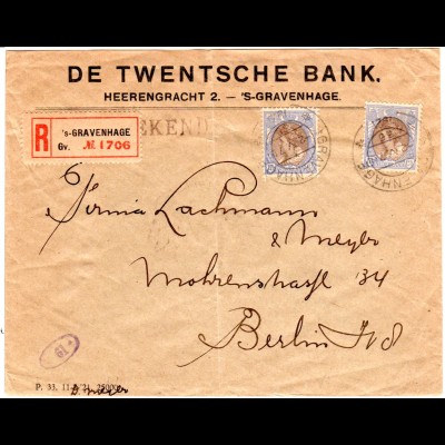 NL 1921, MeF 2x17 1/2 Ct. auf Reko Zensur Bank Brief v. s´Gravenhage n. Berlin
