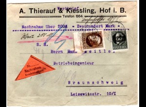Bayern 1920, 25 Pf.+1 Mk. auf Nachnahme Wert Brief v. Hof n. Braunschweig