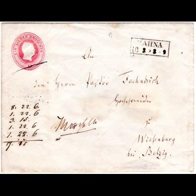 Preussen, R2 ZAHNA auf 1 SGr Ganzsache Brief n. Wiesenburg b. Betzig. Bahnpost