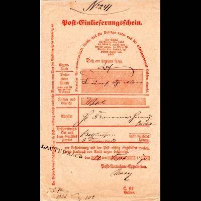 DR 1870, Taxis-L1 LAUTERBACH auf Postschein f. einen Wertbrief