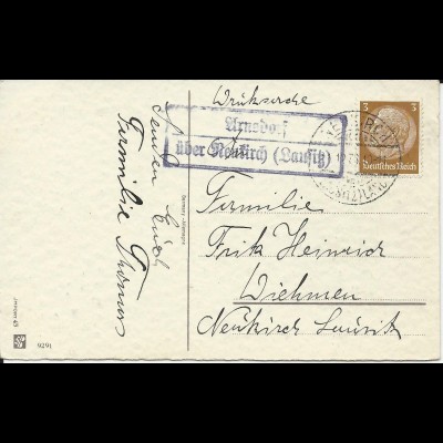 DR 1940, Landpost Stpl. Arnsdorf über Neukirch Lausitz auf Karte m. 3 Pf 