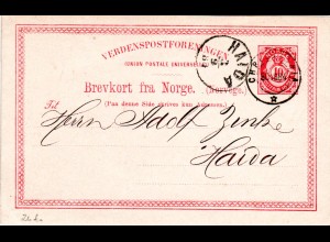Norwegen 1884, 10 öre Ganzsache, sauber gebr. n. Böhmen, Österreich