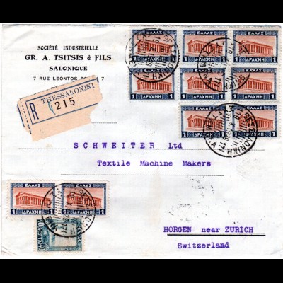 Griechenland 1929, 40 L.+10x1 Dr. auf Reko Brief v. Thessaloniki i.d. Schweiz