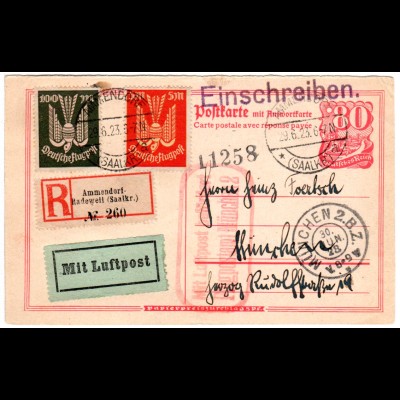 DR 1923, 5+100 Mk Flugpost auf Luftpost Einschreiben Karte v. Ammendorf-Radeweil