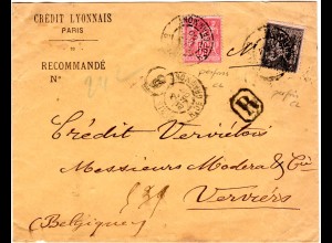 Frankreich 1900, 25+50 C. m. perfins auf Einschreiben Brief v. Paris n. Belgien