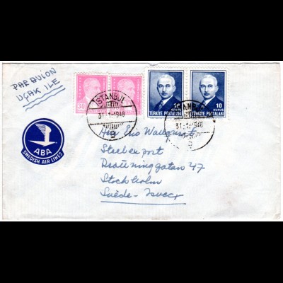 Türkei 1948, 4 Marken auf Luftpostbrief n Schweden m. Label ABA Swedish Airlines