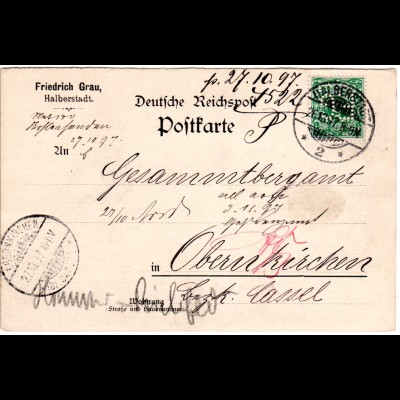 DR 1897, 5 Pf. m. perfin Firmenlochung auf Firmen Karte v. Halberstadt