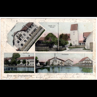 Gruss aus Grossdingharting m. Schule u. Gasthaus, 1902 gebr. Farb-Mehrbild AK