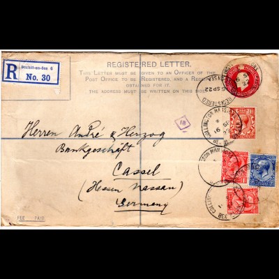 GB 1922, 4 Marken Zusatzfr. auf großem Reko Ganzsache Brief v. Bexhill-on-Sea 6