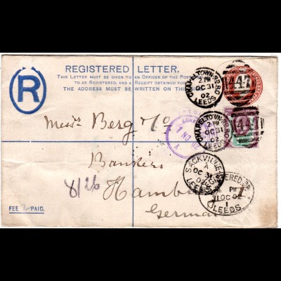GB 1902, 1 1/2d Zusatzfr. auf Einschreiben Ganzsache Brief v. CHAPELTOWN LEEDS