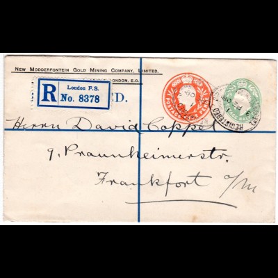 GB 1908, 1/2+4d Doppelwertstempel Einschreiben Privatganzsache Brief v. London