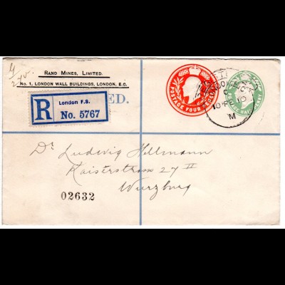 GB 1910, 1/2+4d Doppelwertstempel Einschreiben Privatganzsache Brief v. London