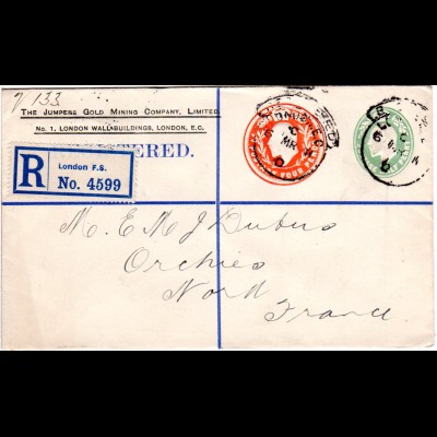 GB 1911, 1/2+4d Doppelwertstempel Einschreiben Privatganzsache Brief v. London