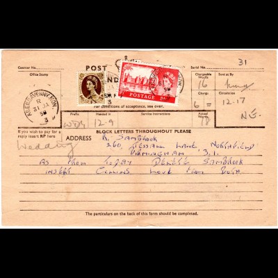 GB 1958, 5+1 Sh. auf Telegramm Formular v. ABERGAVENNY. MON.