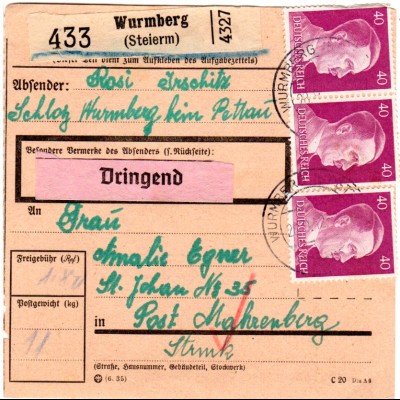 DR 1942, 20+4x40 Pf. vorder- u.rückseitig auf Ostmark Paketkarte v. Wurmberg