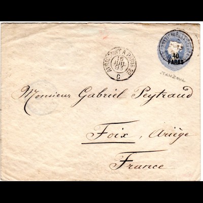 GB Post i.d. Türkei 1893, 40 Pa./2 1/2d Ganzsache v. BPO Stamboul n. Frankreich
