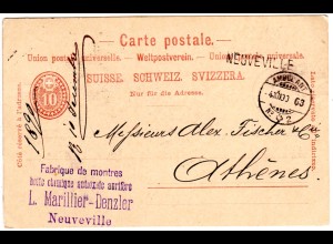 Schweiz 1890, L1 NEUVEVILLE u. Ambulant No.2 auf 10 C. Ganzsache n.Griechenland